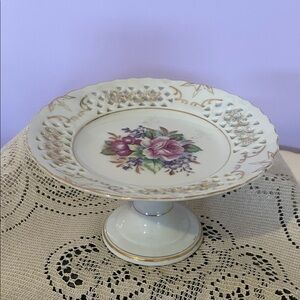 White Porcelain Floral Pedestal mini  Cake Stand with Gold Trim
